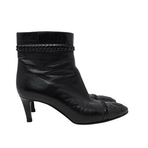 Chanel CC Chain Cap Toe Black Leather Ankle Boots Size 37